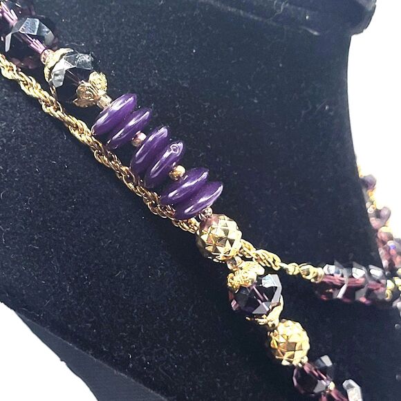 Vintage 80s Beaded Faceted Purple Stone Gold Chain Long Strand Necklace 40in - Picture 3 of 5